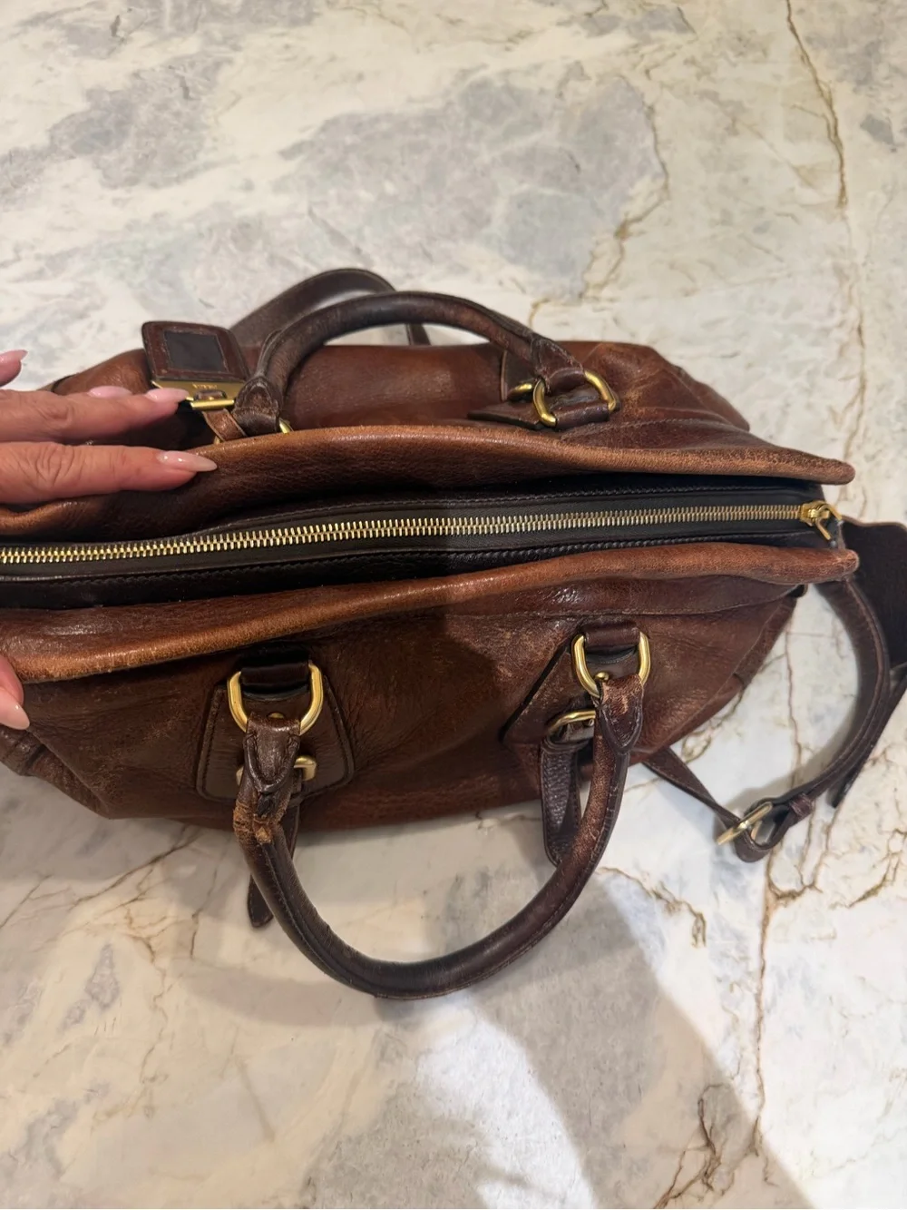 Prada Cognac Leather Satchel with Gold Hardware